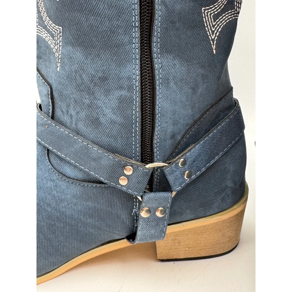 Blue Denim Embroidered Western Knee High Boots Harness Detail Tall Zip Up